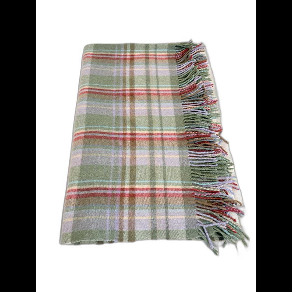 Ireland 100% Wool Blanket John Hanly & Co Plaid Purple Green Fringe Trim 50x62